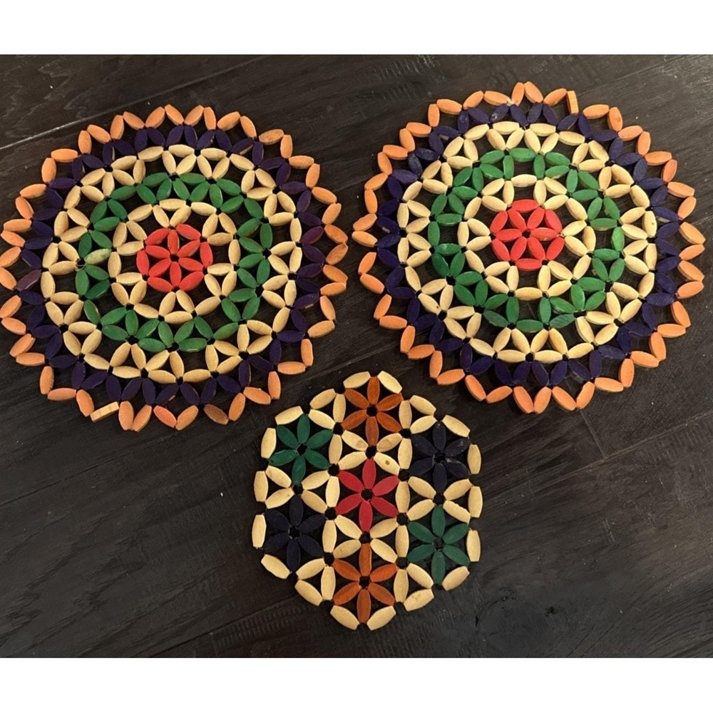 Vintage Beaded Wooden‎ Trivets Hot Pads Flower Power Boho Octagonal Set Of 3 #2
